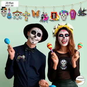 Ornements bois Jour des Morts avec motifs 2D plats de crânes et chats pour décoration