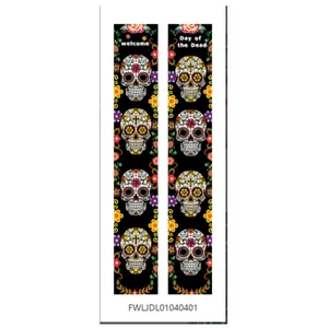 Day of the Dead door banners featuring colorful sugar skulls and floral patterns.