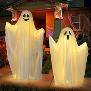 Pair of glowing white Halloween outdoor ghost decorations for garden courtyard display