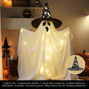 Detailed Halloween glowing ghost decoration kit including wizard hat, stand and LED lights