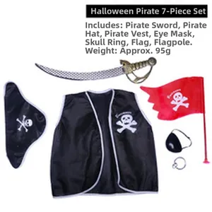Detail view of 7-piece Halloween pirate costume set with vest sword hat flag for kids parties