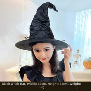 Black witch hat with pleated design for Halloween costume party and cosplay events.