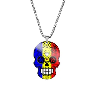 Detailed view of skull pendant with colorful flag print and steel box chain