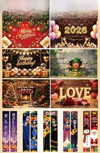 Variety of festive banners including Mexican Day of the Dead skeletons and holiday backdrops
