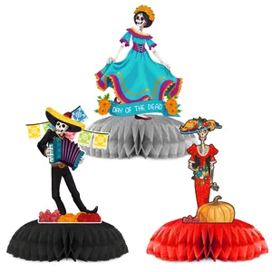 Day of the Dead party table centerpieces with Catrina and Mariachi honeycomb skeletons