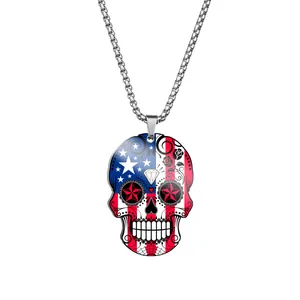 Detailed view of stainless steel skull pendant with American flag pattern design