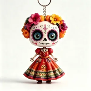 Close-up of Mexican Sugar Skull keychain with vibrant flower crown and red folk dress