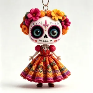 Handcrafted felt sugar skull doll pendant with vibrant floral details