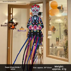 Day of the Dead hanging skull bride decoration with long colorful streamers for Halloween