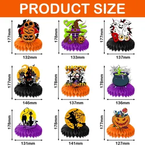 Set of 9 Halloween honeycomb table centerpieces with product dimensions for party decor.