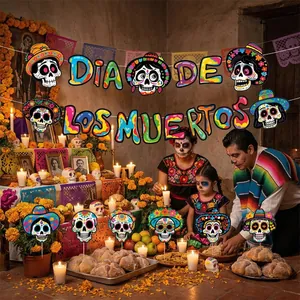 Dia de los Muertos party decoration set with colorful banner and sugar skull cake toppers