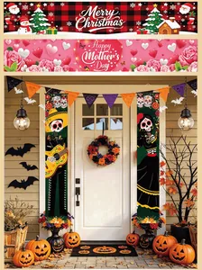 Collage showing Day of the Dead, Christmas, and Mother's Day holiday porch banners