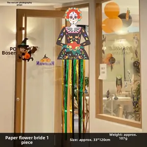 Day of the Dead skeleton bride hanging decoration with colorful metallic foil streamers