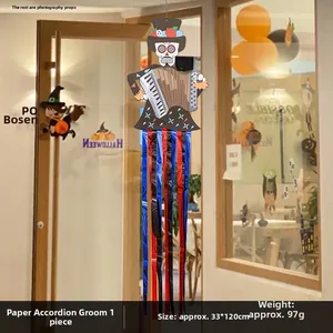 Day of the Dead skeleton hanging decoration with colorful streamers for Halloween