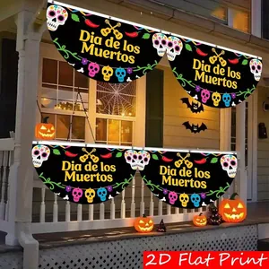Day Of The Dead Mexican Banner Skull Guitar Pattern Outdoor Garden Yard Bunting Flag For Halloween Party Decor Pongee Fabric