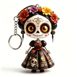 Intricate detail of a Day of the Dead skull doll keychain with colorful flower crown