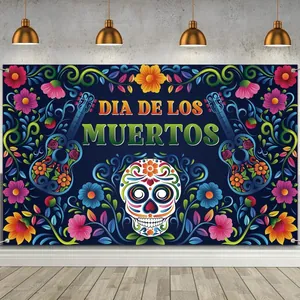Vibrant Dia de los Muertos party backdrop featuring sugar skull and floral design