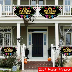Vibrant Dia de los Muertos semi-circular banners for Halloween garden party decoration