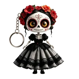 Detailed view of a Mexican Day of the Dead sugar skull girl doll keychain with red roses