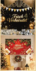 Detailed view of Merry Christmas and Just Married party backdrop banner banners