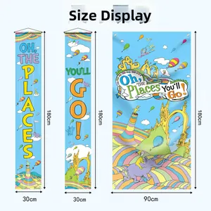 Detailed size chart for Oh The Places You'll Go decorative porch banners and party backdrop