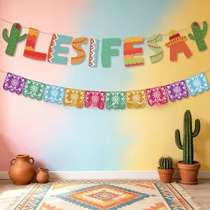 Vibrant Mexican Fiesta and Papel Picado banner set for colorful party wall decoration