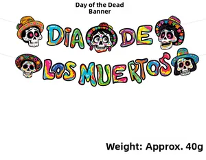 Detailed view of the colorful Dia de los Muertos paper banner with sugar skull designs