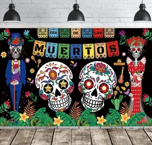 Macro detail of Dia de los Muertos party backdrop featuring sugar skulls and vibrant skeletons