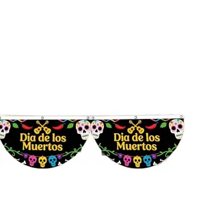 Dia de los Muertos semi-circle banner with festive sugar skull and guitar design