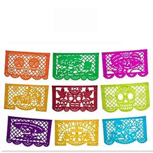 Macro view of colorful felt Papel Picado banner for Day of the Dead party