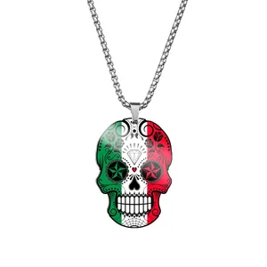 Detailed view of Mexican flag color Day of the Dead sugar skull pendant necklace