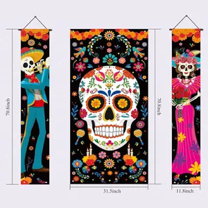 Mexico Day of the Dead porch banner set featuring vibrant sugar skull and skeletons