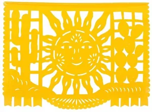 Close-up of a yellow Mexican Papel Picado banner panel with sun and cactus pattern
