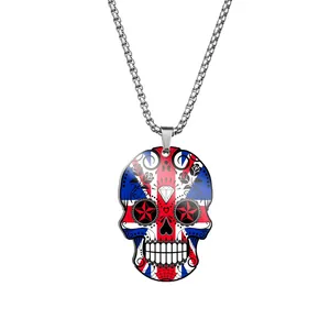 Detailed macro view of a stainless steel sugar skull necklace with Union Jack pattern