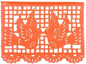 Detailed view of traditional orange felt Papel Picado banner with hollow dove design for parties