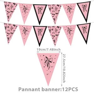 Rosa Wimpelkette mit schwarzen Schleifenmustern, 12-teiliges Party-Dekorationsset
