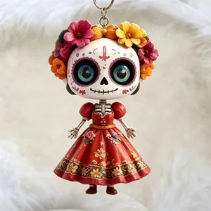 Mexican Day of the Dead Sugar Skull Girl keychain with vibrant floral crown and red dress