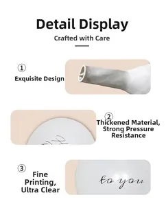 Detailed close-up view of white latex balloon inflation port and printed text details
