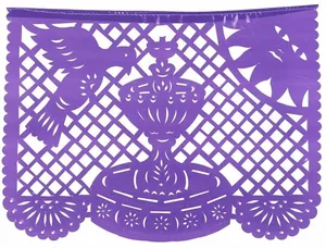 Detailed view of purple felt Mexican Papel Picado banner with hollow dove pattern