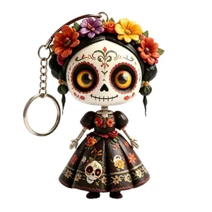Mexican Day of the Dead sugar skull doll keychain with colorful flower crown decoration