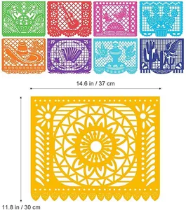 Colorful Mexican Papel Picado felt banner with traditional patterns and size measurements