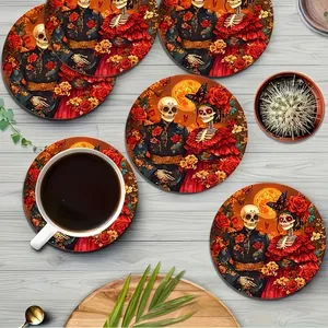 Set of round wooden coasters with Day of the Dead sugar skull couple design