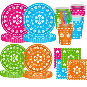 Colorful Mexican Day of the Dead party tableware set with plates, cups and napkins