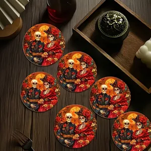 Set of six circular wooden coasters featuring Day of the Dead skeleton couple art