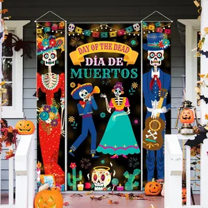 Day of the Dead door banners set with skeleton and cactus illustrations on a porch