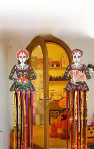 Day of the Dead hanging skeleton decorations with colorful metallic foil tassels