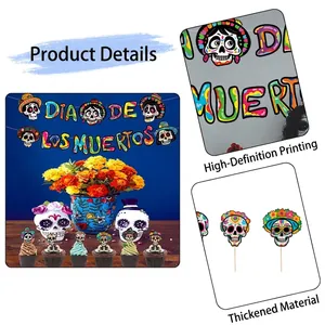 Festive Day of the Dead party decoration set with skull banner and cupcake toppers