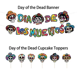 Colorful Day of the Dead banner and cake topper set for Mexican party decoration