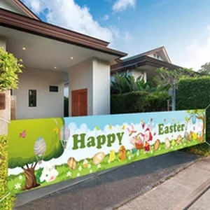 Detailed view of Happy Easter outdoor banner with colorful eggs and bunny illustrations
