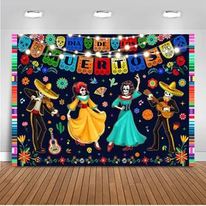 Dia de los Muertos party backdrop featuring skeletons dancing and colorful papel picado